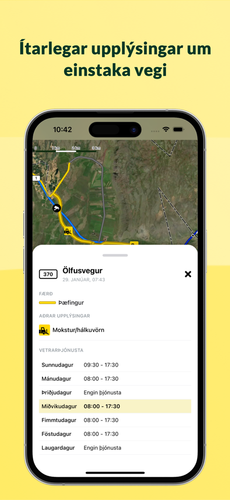 Færð og Veður - Application Faerd og Vedur montrant les conditions routières détaillées et le calendrier de déneigement en Islande