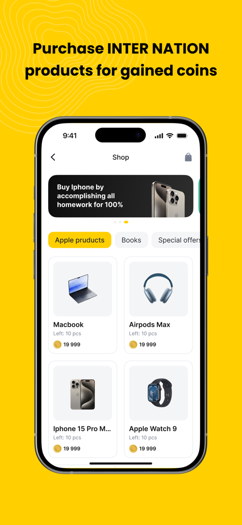 A mobile app interface of the Inter Nation Student shop displaying Apple products like MacBooks and iPhones available for purchase with in-app coins