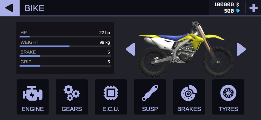 MX Engines - MX Engines bike customization menu showing performance stats and upgrade options for a motocross bike