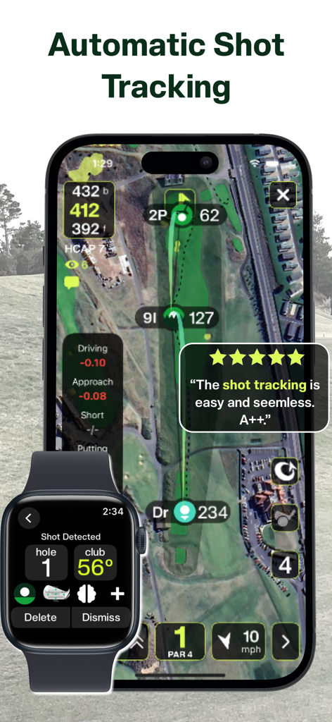 Tangent Golf: GPS Smart Caddie - Smartphone and Apple Watch displaying automatic golf shot tracking with a course GPS map.
