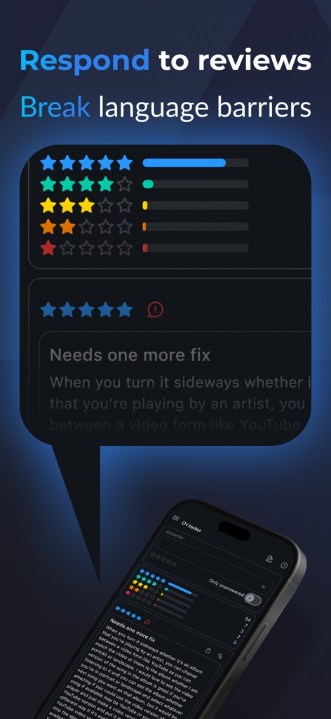 ASO.dev for AppStore Connect - ASO.dev 인터페이스로, 다양한 언어에 걸쳐 앱 등급 분포를 표시하고 사용자 리뷰에 응답하는 도구