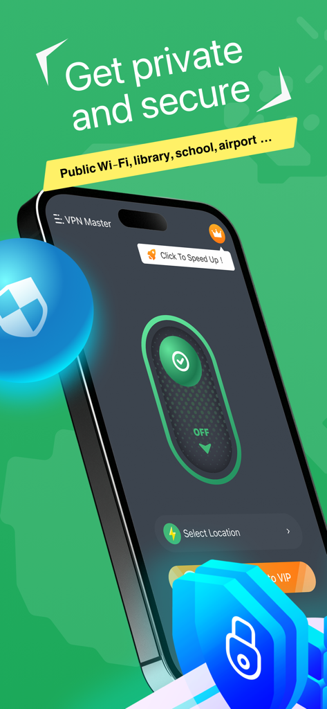 Pantalla de smartphone que muestra la interfaz de la aplicación VPN Master con un gran botón de activación para una conexión segura y privada en redes Wi-Fi públicas.