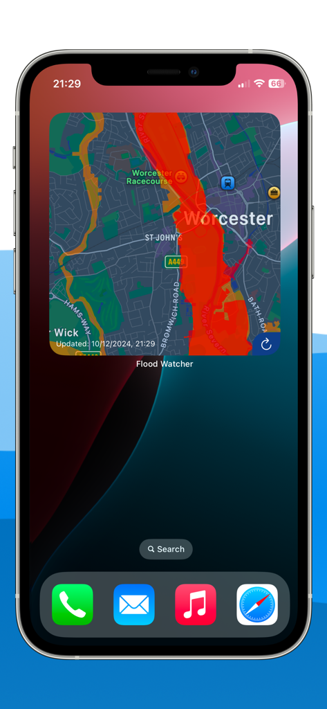 Flood Alert Watcher - iPhone home screen featuring the Flood Alert Watcher widget displaying a real-time flood risk map of Worcester