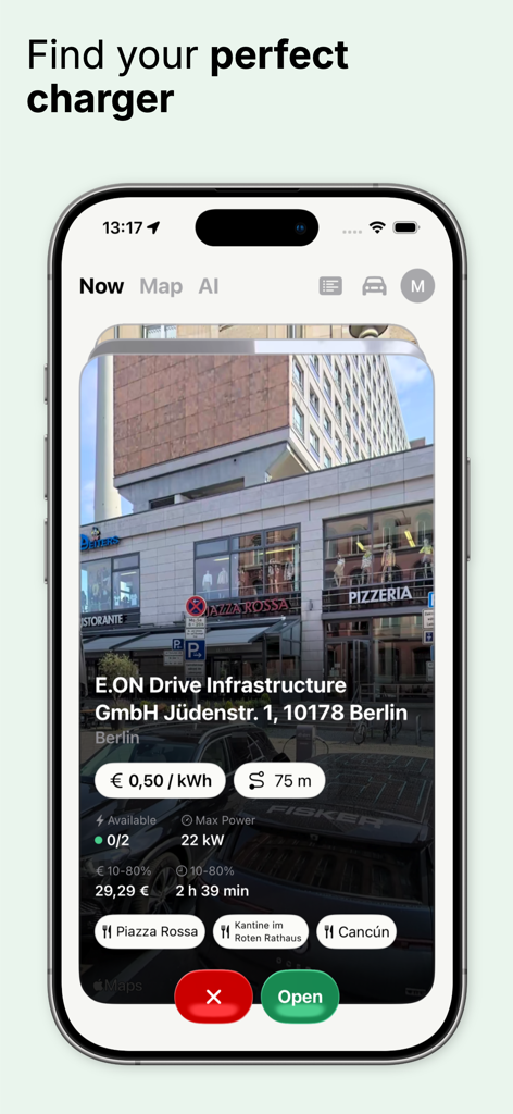 StromNow EV Charging Map - Pantalla de iPhone mostrando la aplicación StromNow con la disponibilidad de precios de estaciones de carga de vehículos eléctricos y ubicaciones cercanas