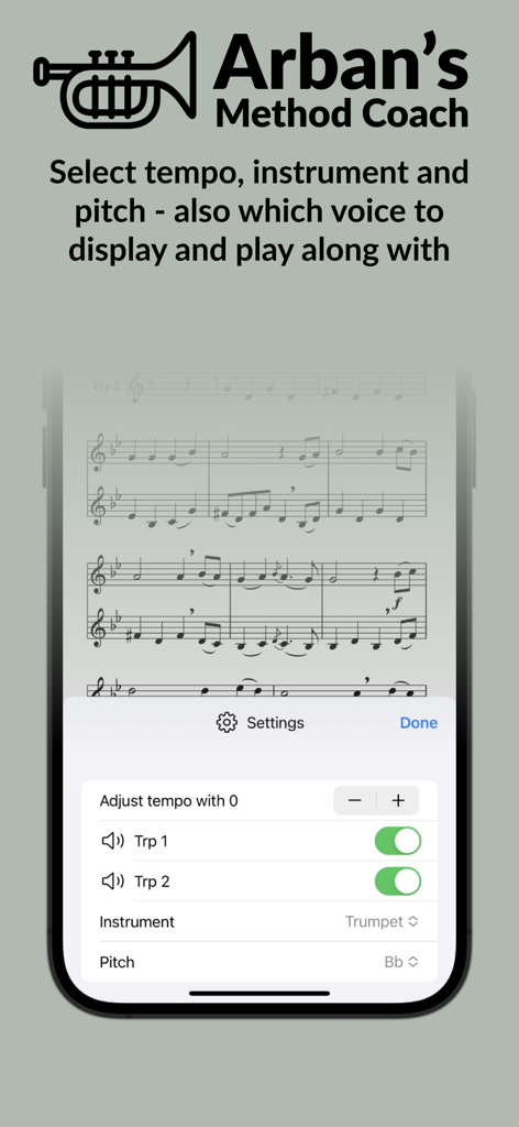 Arban's - Interface of the Arban's Method Coach app showing sheet music and settings for tempo instrument and pitch