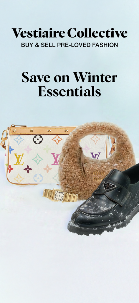 Vestiaire Collective app screen promoting winter luxury fashion with Louis Vuitton Miu Miu and Prada items