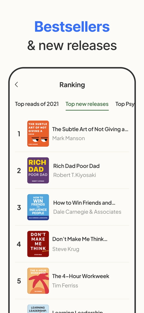 A ranking list of popular non fiction book summaries including Rich Dad Poor Dad and The 4 Hour Workweek on a mobile app screen