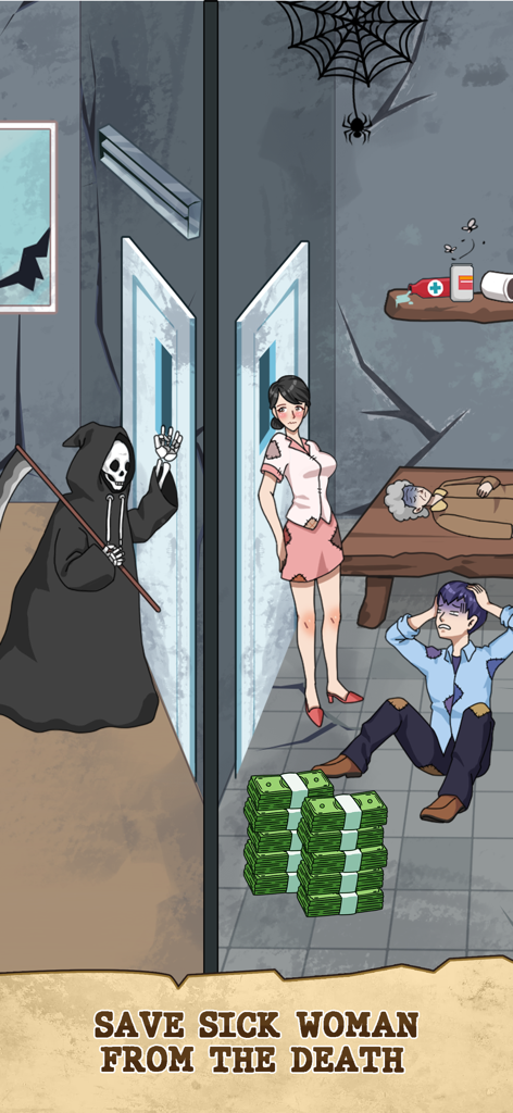 Nightmare Story: Tricky Quest - A puzzle level where a player must save a sick woman from the grim reaper in Nightmare Story Tricky Quest
