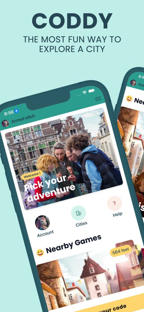 Coddy - Écran d'accueil de l'application Coddy montrant des jeux d'exploration urbaine et la sélection d'aventures