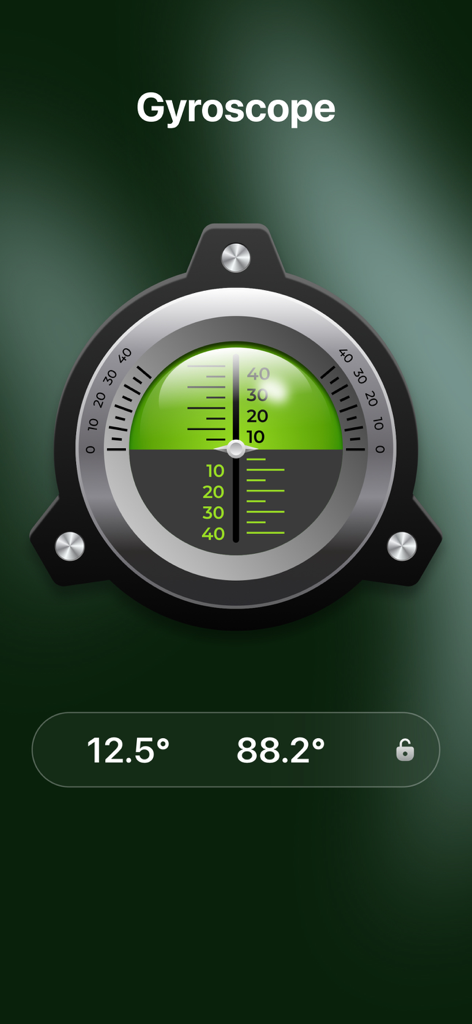 Digital gyroscope interface displaying real-time angle measurements and inclination levels