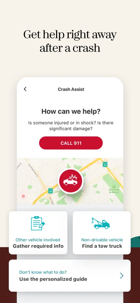 Intact Insurance: Mobile app - Intact Insuranceアプリのクラッシュアシスト画面。緊急通話オプションと事故管理ツールが表示されています。