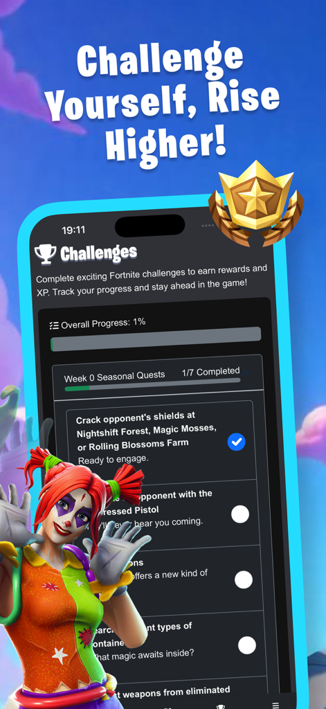 #1 Insider for Fortnite - Fortniteのシーズンチャレンジと進行状況トラッカーを示すモバイルアプリのインターフェース