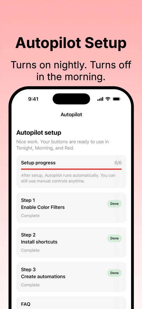 Red Mode: Red Screen Night - Autopilot setup screen for Red Mode app showing completed steps for nightly automation and color filters.