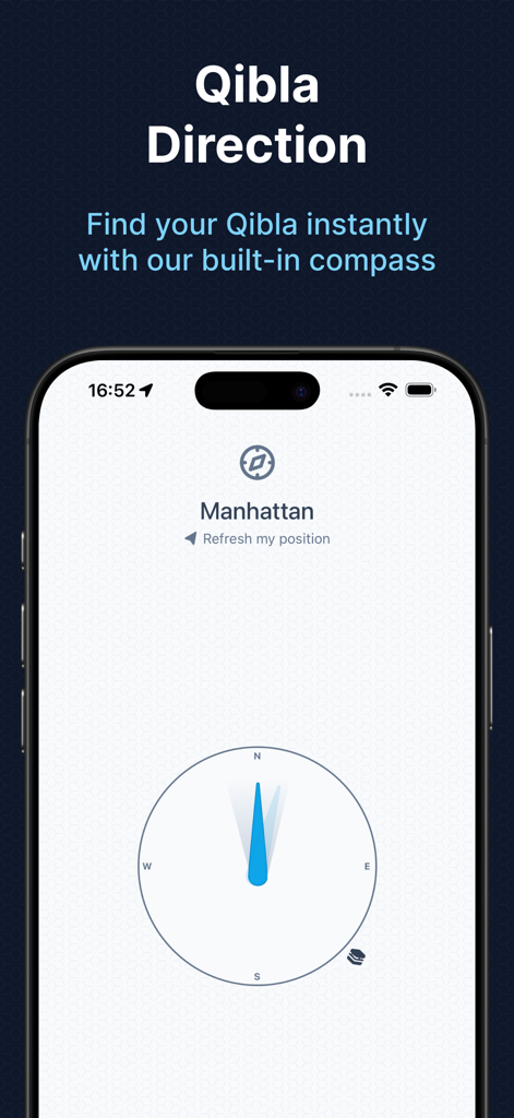 Masjidbox One - Masjidbox One app interface displaying the built-in Qibla direction compass for Manhattan.