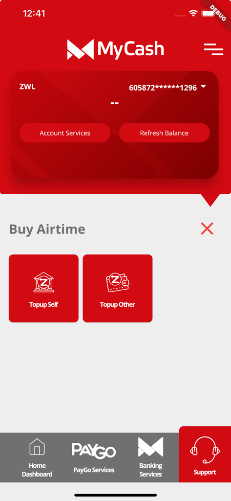 MyCash Mobile  Banking - MyCash mobile banking app interface for purchasing airtime