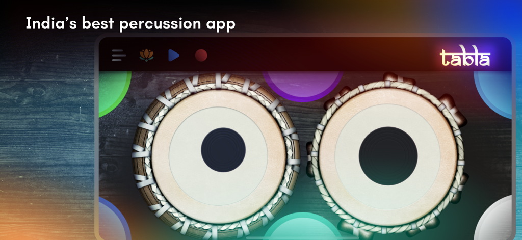 Interfaz digital de la aplicación Tabla mostrando dos tambores indios y el texto La mejor aplicación de percusión de India