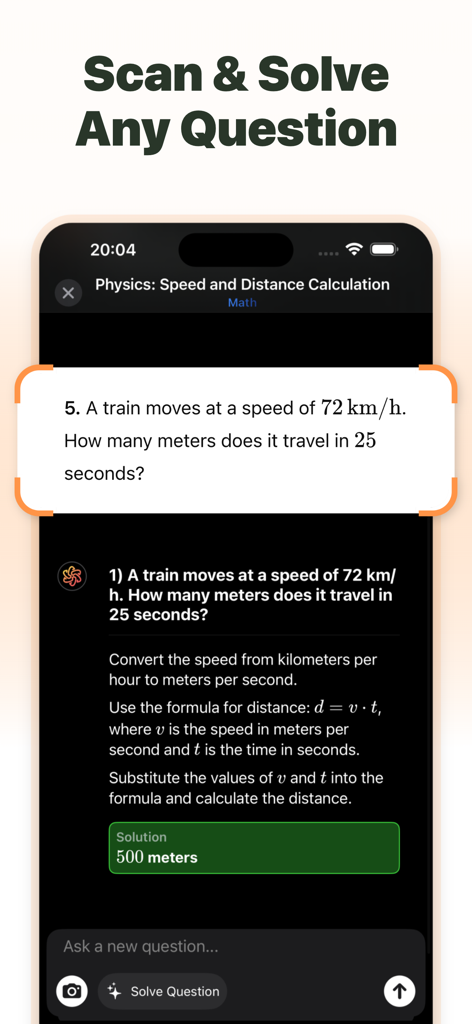 SolveThisアプリのインターフェース。物理の問題をスキャンし、ステップバイステップのAIソリューションで解決している様子を表示。
