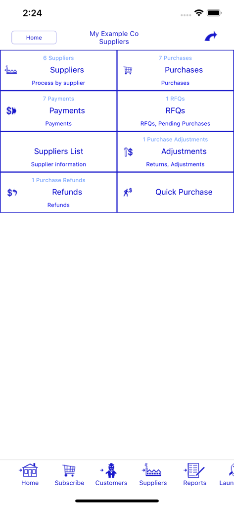 Bookkeeping - La pantalla de gestión de proveedores y compras de la aplicación Bookkeeping mostrando opciones para solicitudes de cotización, pagos y reembolsos
