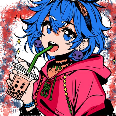 hot baddie anime girl drinking boba and biting the straw
