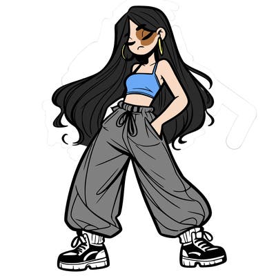 girl in baggy pants crop top and long hair