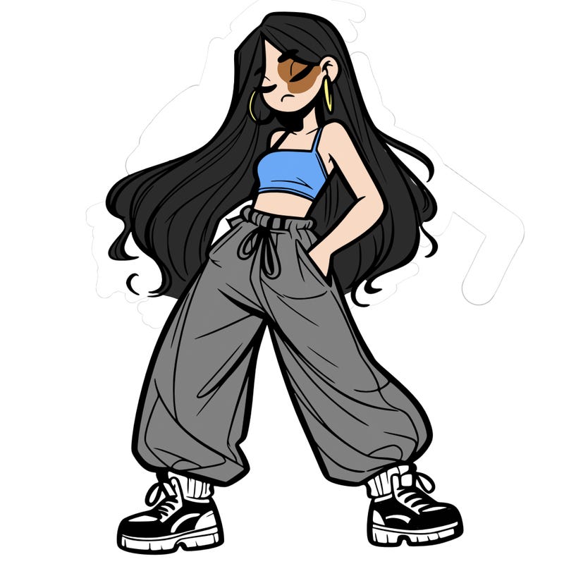 girl in baggy pants crop top and long hair