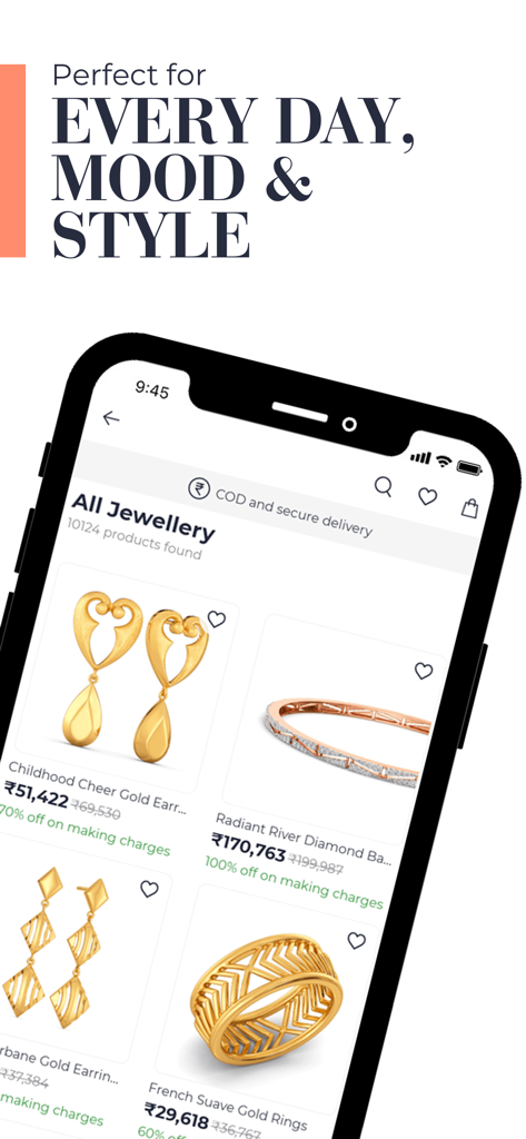 Interfaz de la aplicación Melorra mostrando una variedad de pendientes modernos de oro, brazaletes de diamantes y anillos.