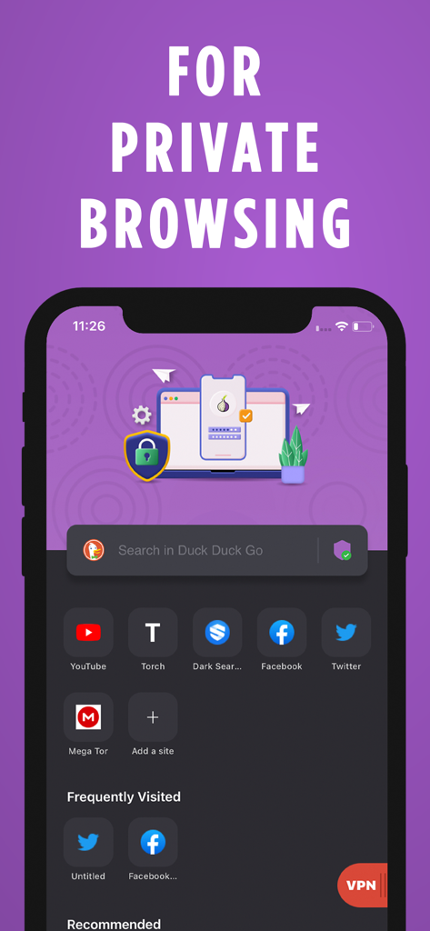 TOR Browser: OrNET Onion + VPN - OrNET TOR Browser app interface for private browsing featuring DuckDuckGo search