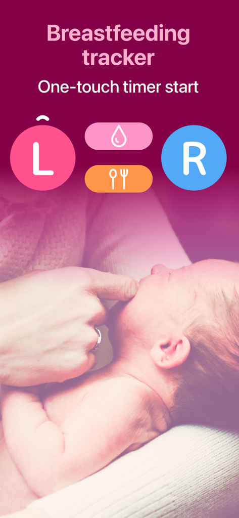 Breastfeeding Newborn tracker - Interfaz de la aplicación Rastreador de Lactancia de Recién Nacidos mostrando botones de temporizador de un toque para sesiones de lactancia izquierda y derecha.
