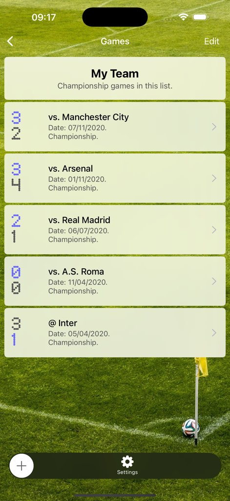 Assistant Coach Soccer app game results and match history screen