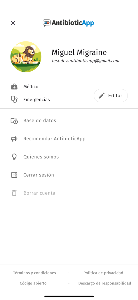 AntibioticApp - User profile screen in AntibioticApp showing a doctors name and medical profession with account menu options