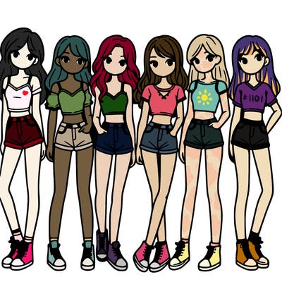 a group of girls wearing crop tops and shorts