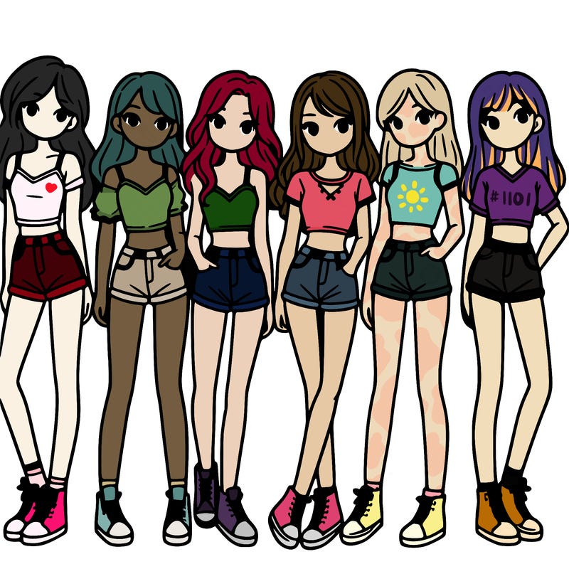 a group of girls wearing crop tops and shorts
