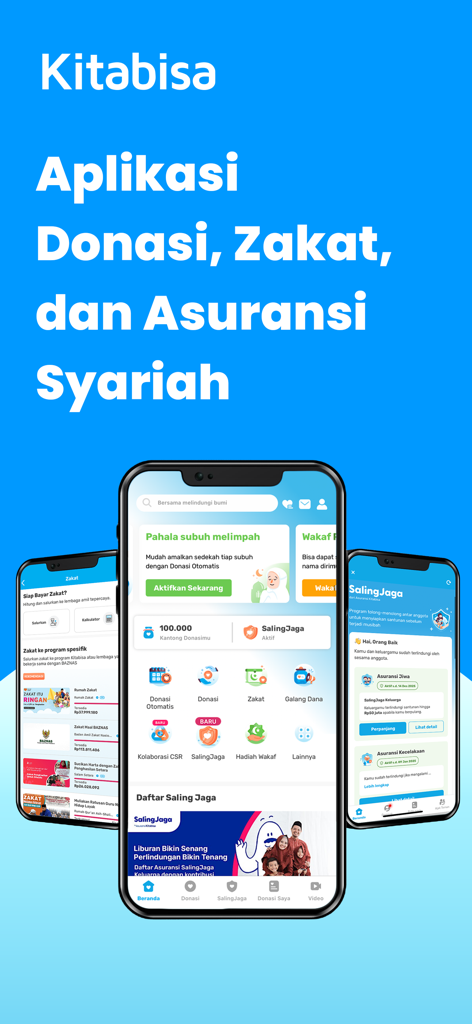 Kitabisa: Donasi, Zakat, Wakaf - Schermate dell'app mobile Kitabisa che mostrano le funzionalità di donazione Zakat e assicurazione sciita