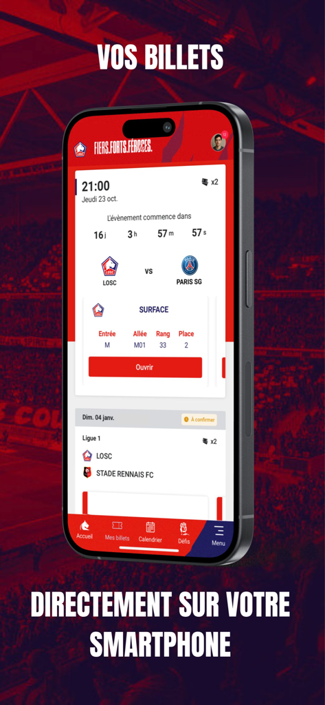 LOSC - LOSC 릴 공식 앱에서 디지털 경기 티켓을 보여주는 스마트폰 화면