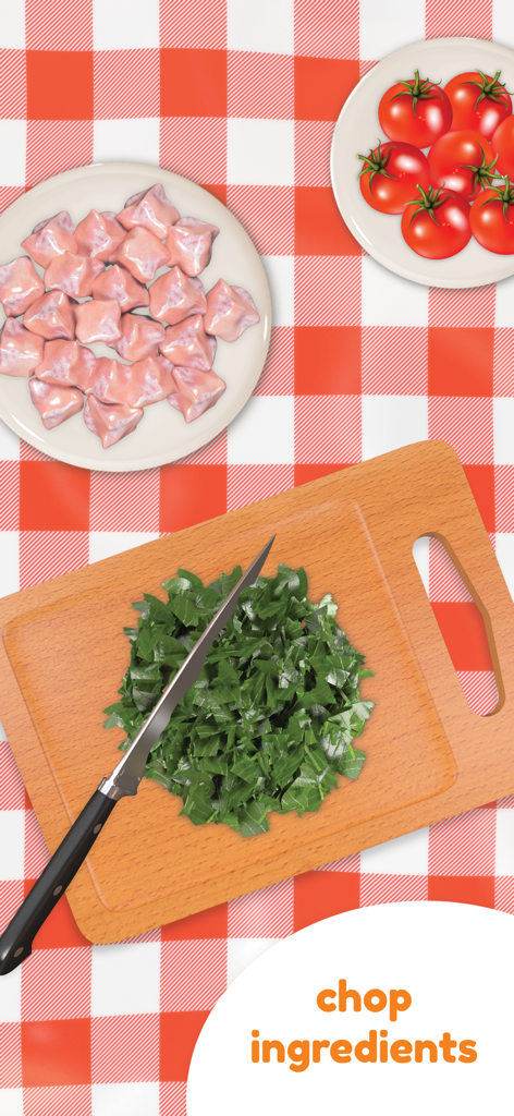 A child-friendly virtual kitchen screen showing a knife chopping green herbs on a wooden board with plates of meat and tomatoes on a checkered background.