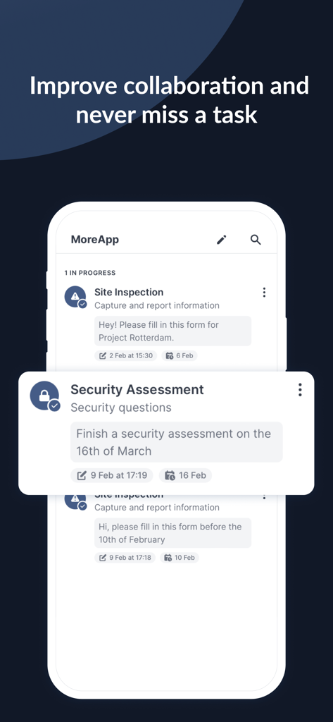 MoreApp interface showing task management and form completion for site inspections and security assessments.