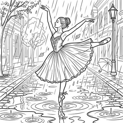 Experience the enchanting blend of classical ballet and a peaceful rainy day with this unique coloring template. This scene captures a graceful dancer amidst reflective puddles and falling leaves, inviting you to bring it to life with your favorite colors.