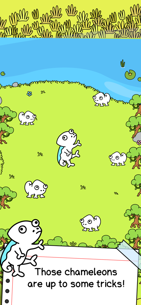 Chameleon Evolution - Cartoon white chameleons in a grassy field with a river in the background