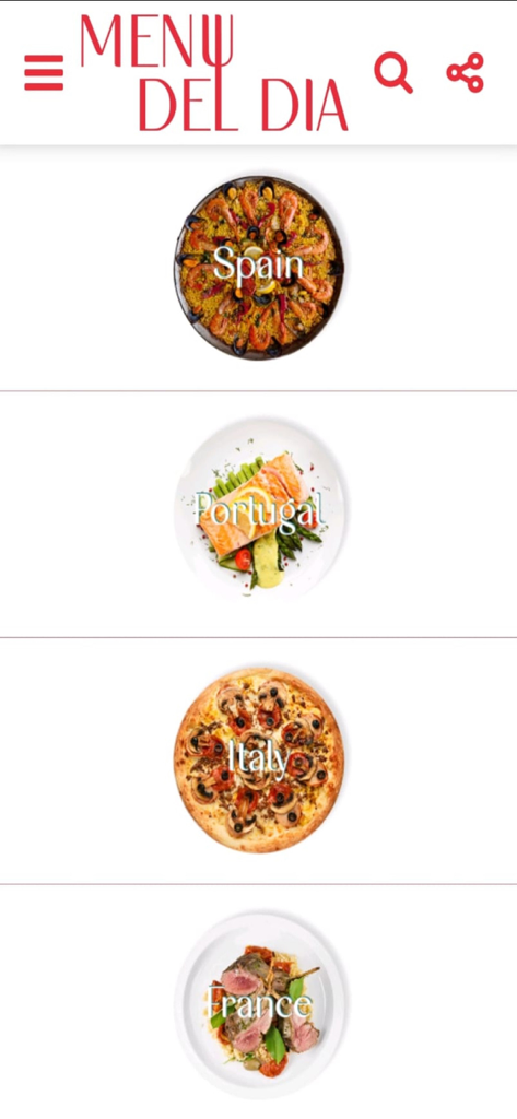 Interfaz de Menú del Día APP mostrando opciones de comida para España Portugal Italia y Francia