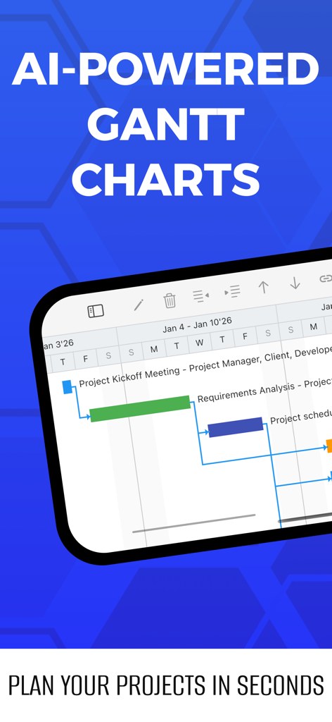 Gantt chart AI planner Ingantt - Interface de l'application mobile Ingantt montrant un diagramme de Gantt généré par IA pour la planification de projet