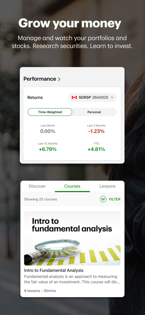 Die TD Canada App-Oberfläche zeigt die Wertentwicklung des Anlageportfolios, Renditen und eine Liste von Finanzbildungskursen einschließlich Fundamentalanalyse.
