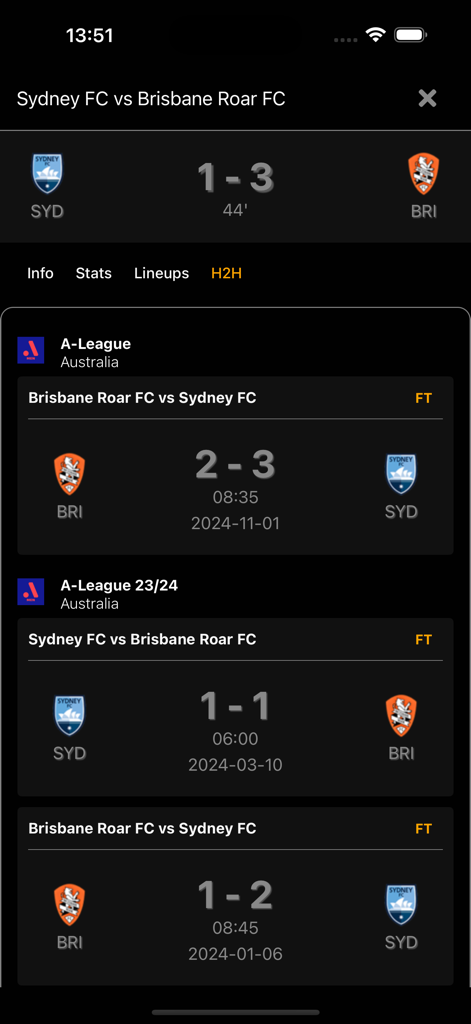 Football Score Live - 시드니 FC와 브리즈번 로어 FC 간의 상대 전적 축구 경기 기록으로 과거 결과 및 점수 표시