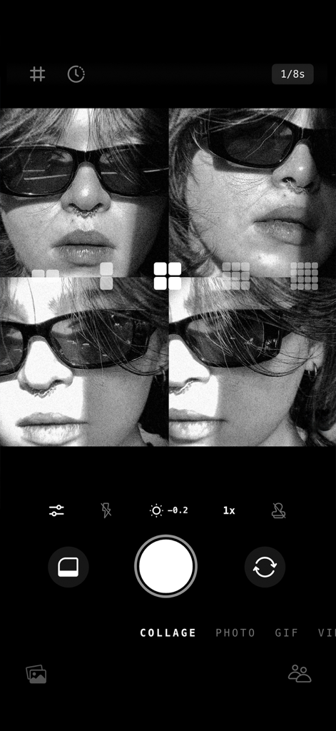 Retrica: Vintage Camera Studio - Interface of Retrica camera app showing a vintage black and white four panel collage