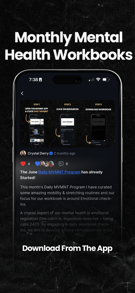 Mobility MVMNT - A mobile app screen showing instructions for downloading monthly mental health workbooks and emotional check-in resources within the Mobility MVMNT app.