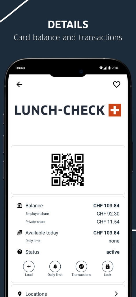 Lunch-Check - Lunch-Check mobile app screen showing card balance and transaction details