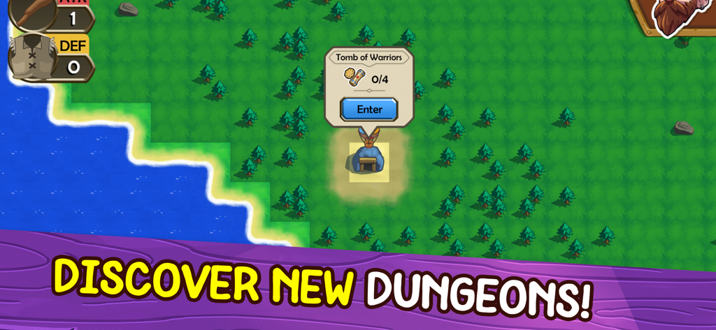 Mine Quest: Crash the Boss RPG - Captura de pantalla del juego Mine Quest que muestra el mapa del mundo y la entrada a una nueva mazmorra.