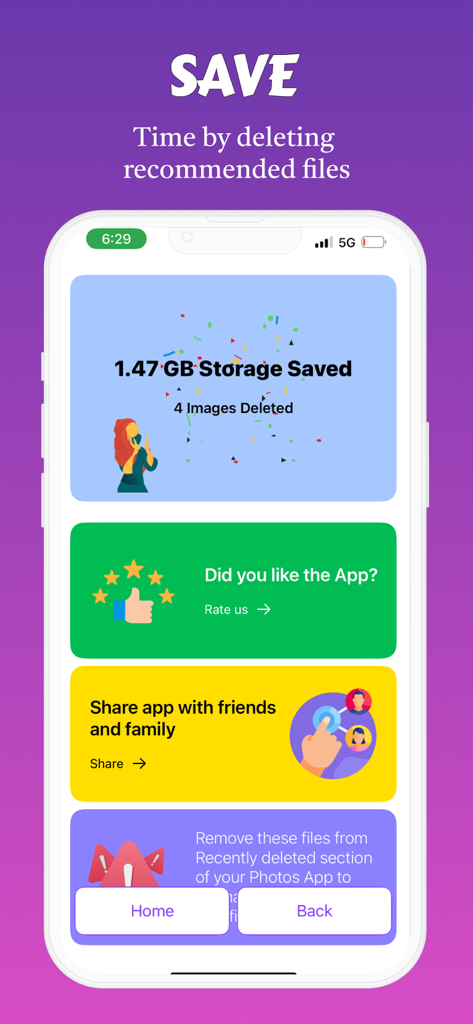 Fast Cleaner: AI Photo Clean - A confirmation screen in the Fast Cleaner app showing 1.47 GB of storage saved after deleting photos.