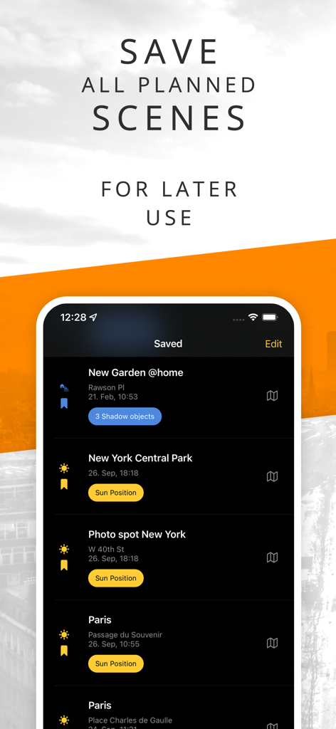 Mobile app interface displaying a list of saved sun tracking scenes and shadow simulations for various locations