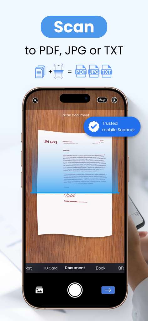 スマートフォンがテーブル上の紙の書類をスキャンして、PDF、JPG、またはTXT形式に変換している様子。