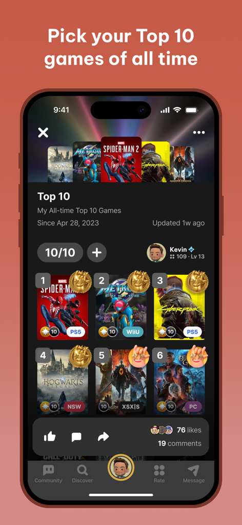 FUZE: Gaming Community - A mobile phone displaying the FUZE app Top 10 games of all time feature with a list of popular video games like Spider-Man 2 and Cyberpunk 2077.